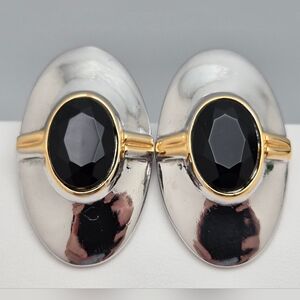 ✨2/$10✨ Silver and Gold Tone Metal Earrings Black Oval Stone Vintage Style